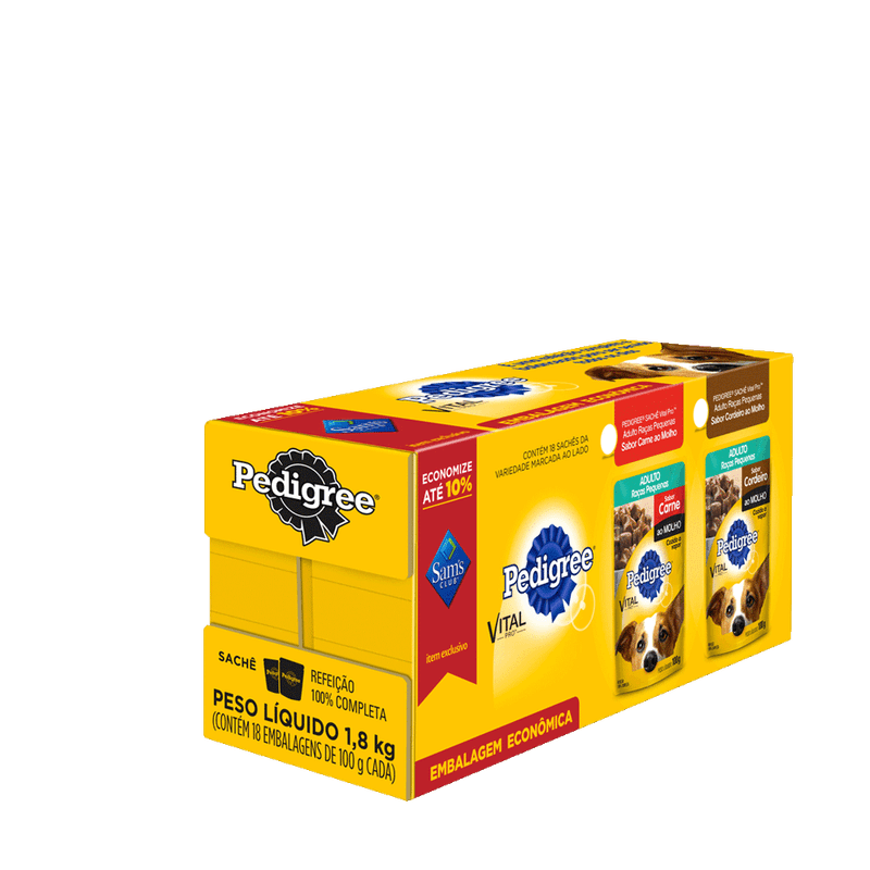 Alimento-para-Caes-Adultos-Racas-Pequenas-Sabor-Carne-e-Cordeiro-ao-Molho-Pedigree-Pack-com-18-Unidades-100g-Cada