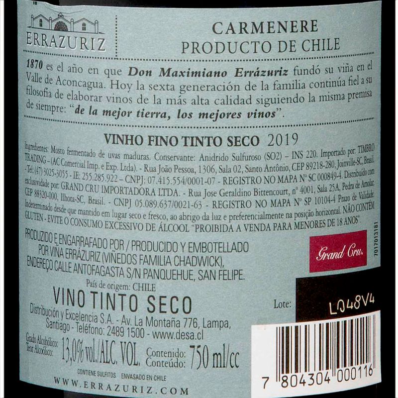 Vinho-Tinto-Seco-Chileno-1870-Reserva-Carmenere-2019-Errazuriz-Garrafa-750ml