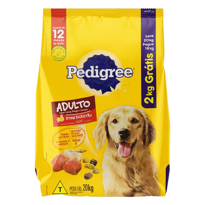 Alimento-para-Caes-Adultos-Carne-Frango-e-Cereais-Otima-Digestao-Pedigree-Leve-20kg-e-Pague-18kg