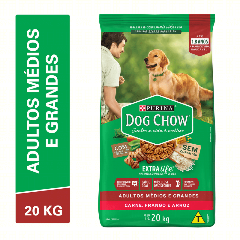 Alimento para Cães Adultos Raças Médias e Grandes Carne, Frango e Arroz  Purina Dog Chow Extra Life Pacote 20kg