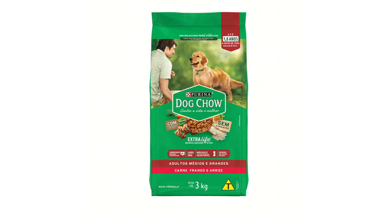 Alimento para Cães Adultos Médios e Grandes Carne, Frango e Arroz Purina Dog  Chow Extra Life Pacote 3kg