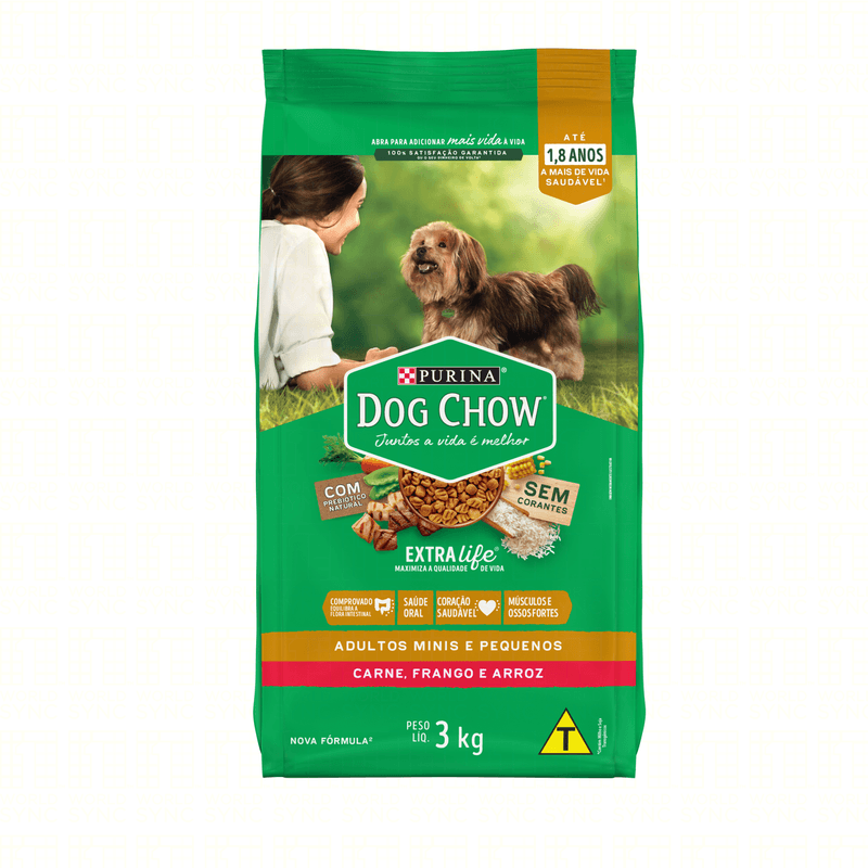 Alimento-para-Caes-Adultos-Minis-e-Pequenos-Carne-Frango-e-Arroz-Purina-Dog-Chow-Extra-Life-Pacote-3kg