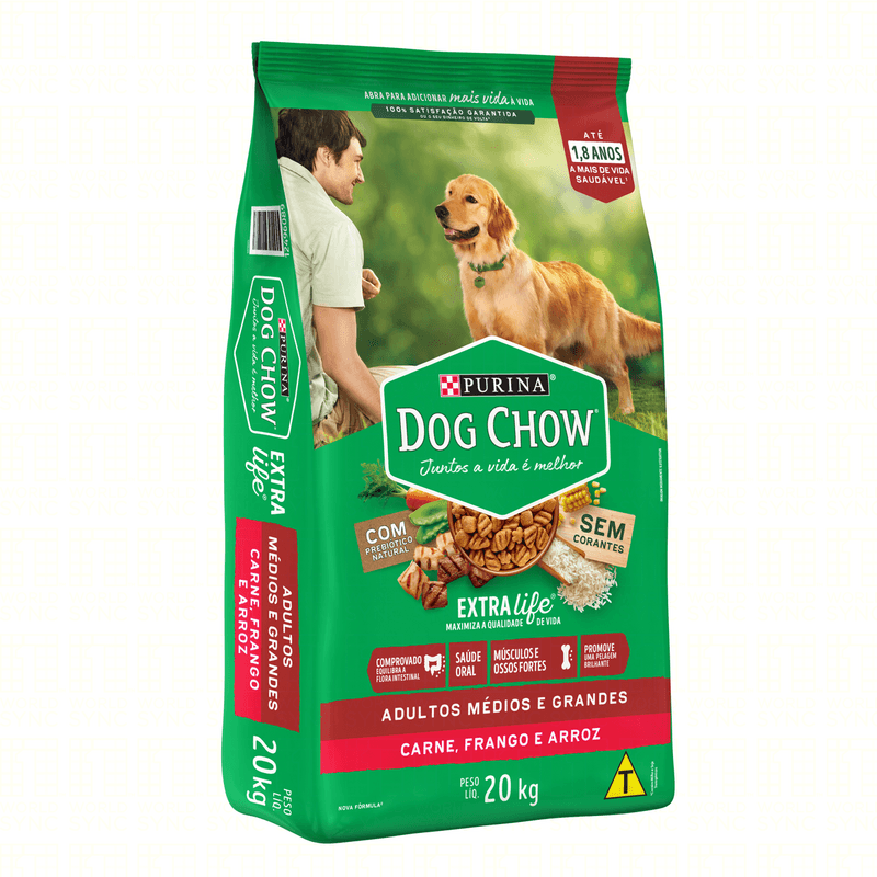 Alimento para Cães Adultos Raças Médias e Grandes Carne, Frango e Arroz  Purina Dog Chow Extra Life Pacote 20kg