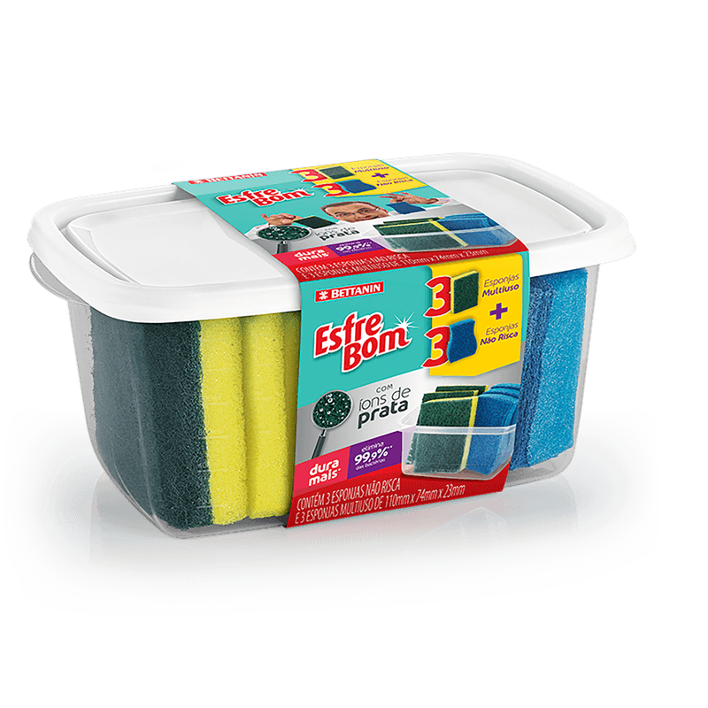 Kit-Esponja-Multiuso---Esponja-Nao-Risca-com-Ions-de-Prata-Esfrebom-Pote-com-6-Unidades