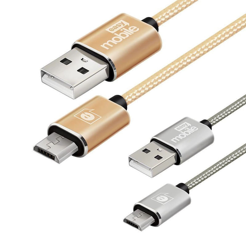 Kit-Cabo-em-Nylon-Trancado-Reforcado-Micro-Usb-2-Metros-e-1-Metro-Easy-Mobile-Premium-Dourado-e-Prata-com-2-Unidades-Frontal