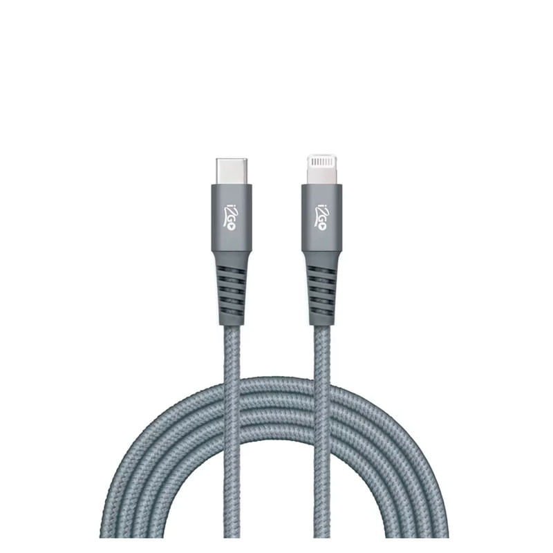Cabo-para-Iphone-e-Lightning-em-Nylon-2-Metros-3A-Trancado-I2go-Pro-Cor-Chumbo-Frontal