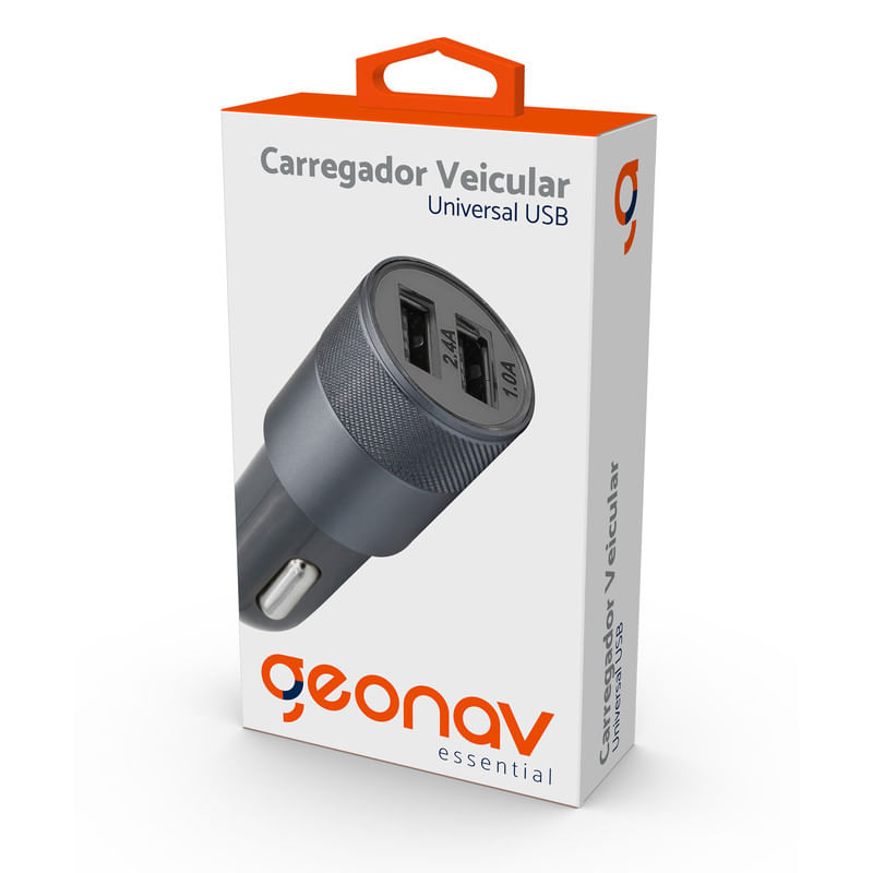 Carregador-Veicular-Universal-USB-com-2-Entradas-Preto-Geonav-Essential