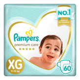 Fralda Descartável Infantil Premium Care XG Pampers Pacote com 60 Unidades