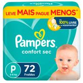 Fralda Descartável Infantil Confort Sec P Pampers Pacote 72 Unidades Leve Mais Pague Menos